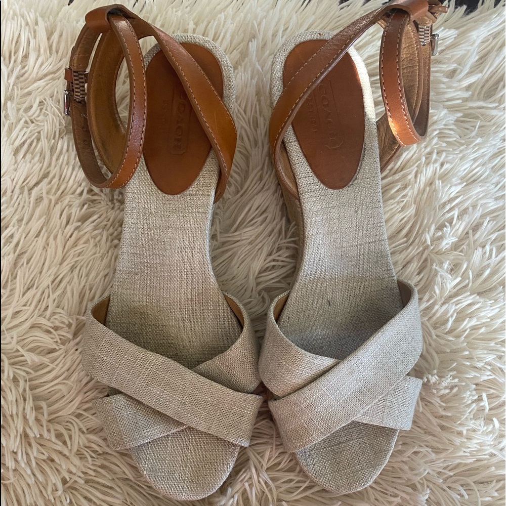 Coach linen fabric wedge shoe